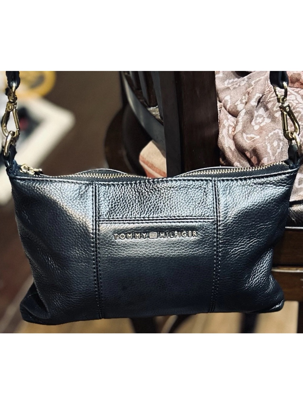 Goes W Everything Tommy Hilfiger Black Pebbled Leather Crossbody Bag  Adj. Strap